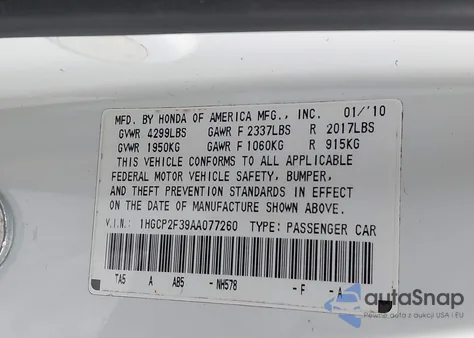 2010 Honda Accord 2.4 Lx z USA, uszkodzony, nr VIN 1HGCP2F39AA077260